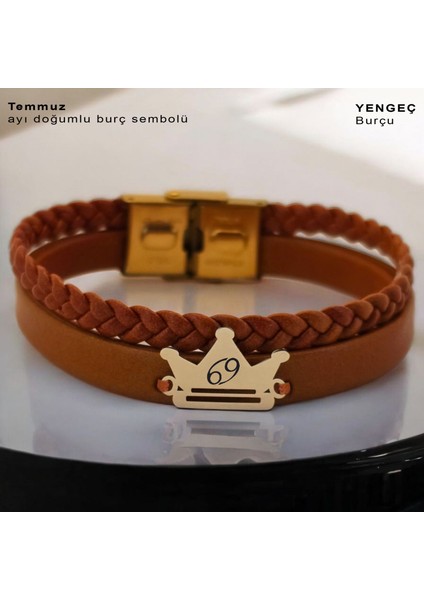 Temmuz Ayı Doğumları İçin Taç Motifli 14 Ayar Altın Plakalı Kahverengi Derili Hediye Bileklik-467AY fiyatları