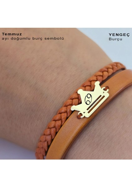 Temmuz Ayı Doğumları İçin Taç Motifli 14 Ayar Altın Plakalı Kahverengi Derili Hediye Bileklik-467AY fırsatları