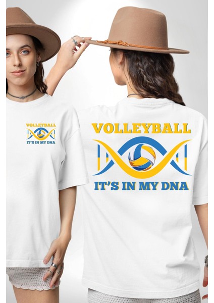 Voleybol Dna’mda Var Yazılı Beyaz Oversize Kadın Erkek Ön ve Sırt Baskılı Tişört
