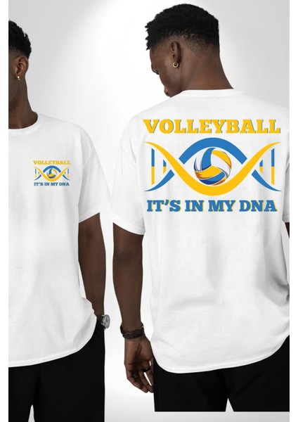 Voleybol Dna’mda Var Yazılı Beyaz Oversize Kadın Erkek Ön ve Sırt Baskılı Tişört fırsatları