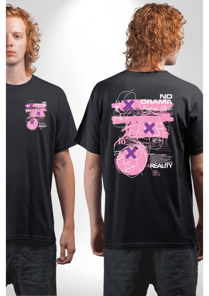 Drama Olmadan Moda Siyah Oversize Kadın Erkek Ön ve Sırt Baskılı Tişört