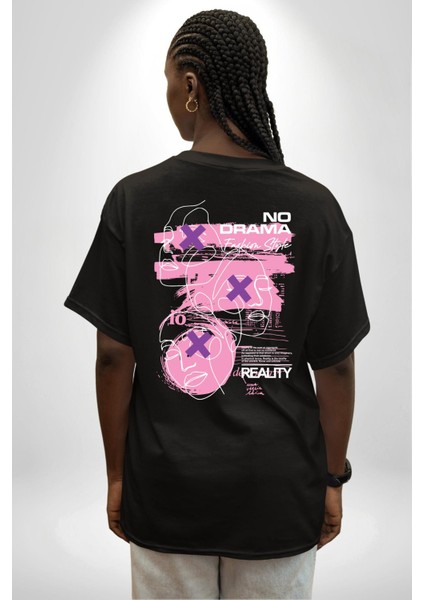 Drama Olmadan Moda Siyah Oversize Kadın Erkek Ön ve Sırt Baskılı Tişört fiyatları