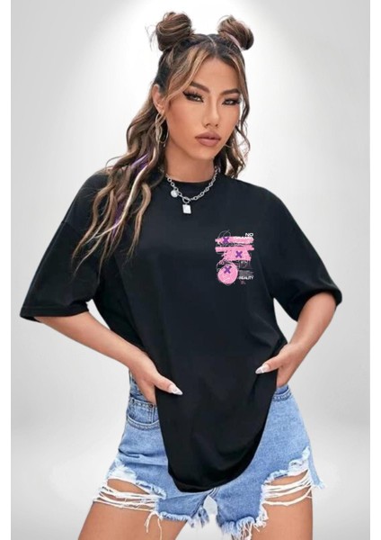 Drama Olmadan Moda Siyah Oversize Kadın Erkek Ön ve Sırt Baskılı Tişört modelleri