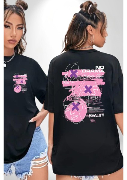 Drama Olmadan Moda Siyah Oversize Kadın Erkek Ön ve Sırt Baskılı Tişört fırsatları