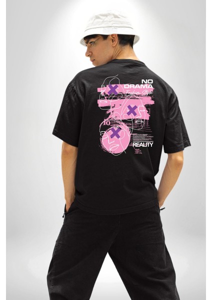 Drama Olmadan Moda Siyah Oversize Kadın Erkek Ön ve Sırt Baskılı Tişört indirimleri