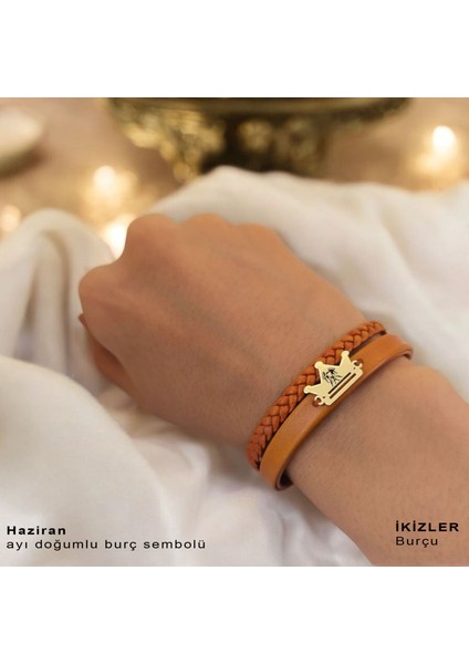 Ikizler Burçlarına Özel Kahverengi Derili Taç Motifli 14 Ayar Altın Plakalı Hediye Bileklik-467BURÇ