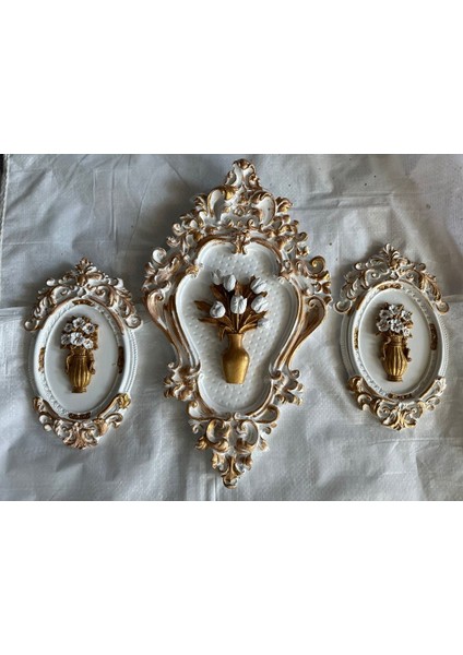 Beyaz -Gold Özel Tasarım 3lü Duvar Tablo Set 42CM ve 23 cm