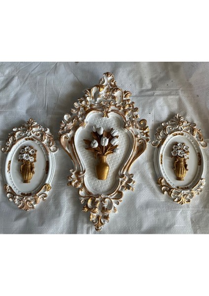 Beyaz -Gold Özel Tasarım 3lü Duvar Tablo Set 42CM ve 23 cm modelleri