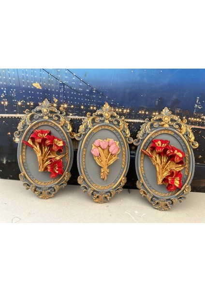 Gri Çiçekli Duvar Tablo 3lü , El Yapımı Tasarım Set