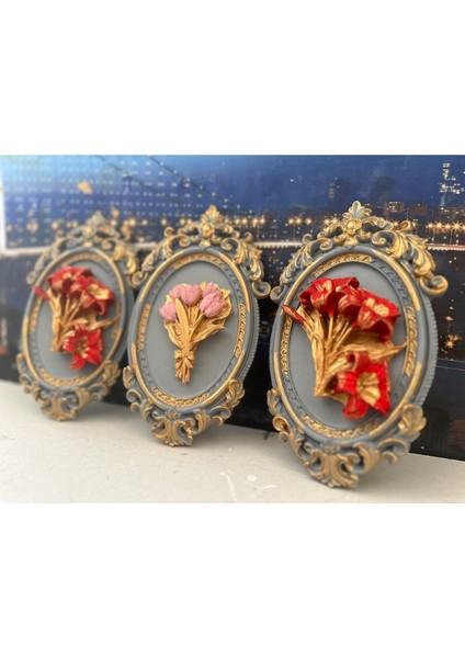 Gri Çiçekli Duvar Tablo 3lü , El Yapımı Tasarım Set fiyatları