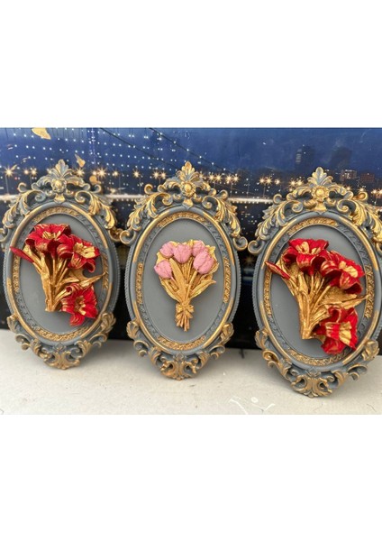 Gri Çiçekli Duvar Tablo 3lü , El Yapımı Tasarım Set modelleri