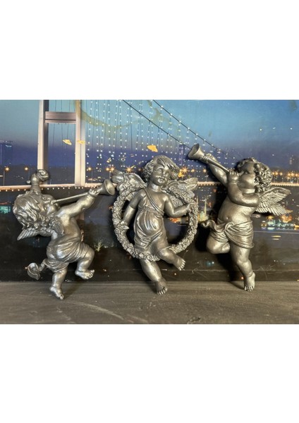 Büyük Duvar Melek 3lü Set 25CM Gümüş