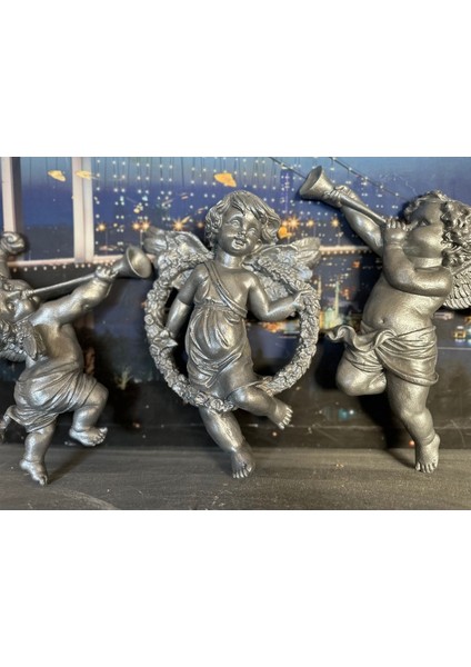 Büyük Duvar Melek 3lü Set 25CM Gümüş