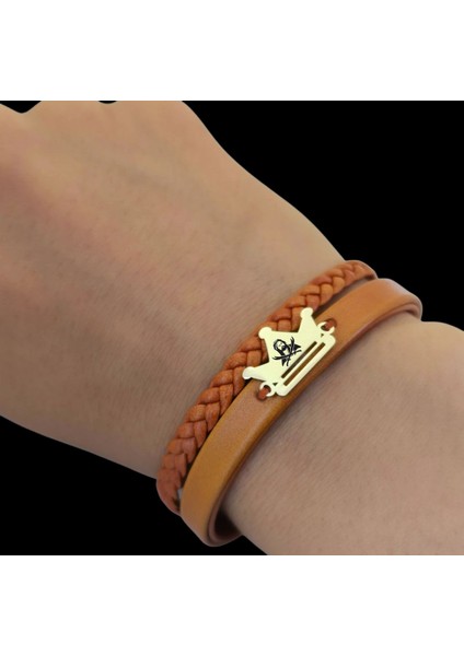 Hz Ali Temalı Taç Motifli 14 Ayar Altın Plakalı Kahverengi Derili Hediye Bileklik-467SEMBOL fırsatları