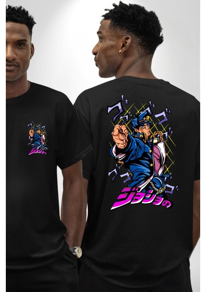 Jojo's Bizarre Adventure Jotaro Anime Karakteri Siyah Oversize Kadın Erkek Ön ve Sırt Baskılı Tişört