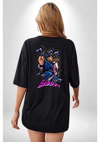 Jojo's Bizarre Adventure Jotaro Anime Karakteri Siyah Oversize Kadın Erkek Ön ve Sırt Baskılı Tişört fiyatları