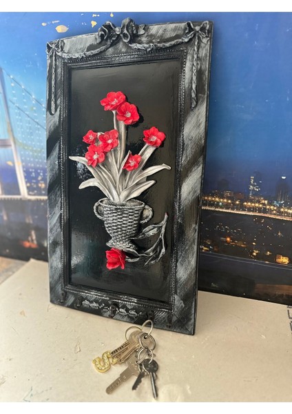 El Yapımı Tasarım Anahtarlık Askısı , Çiçekli Anahtarlık Büyük 50X33CM