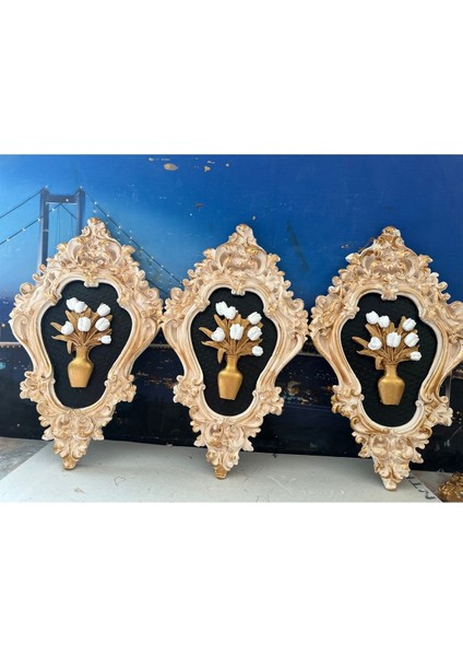 Krem Siyah Dekoratif Duvar Tablo 3lü Set 42CM , Özel El Yapımı Tablo Duvar Süsü