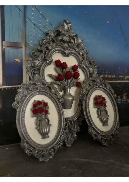 Gümüş Kırmızı Çiçekli Duvar Tablo 3lü Set fiyatları