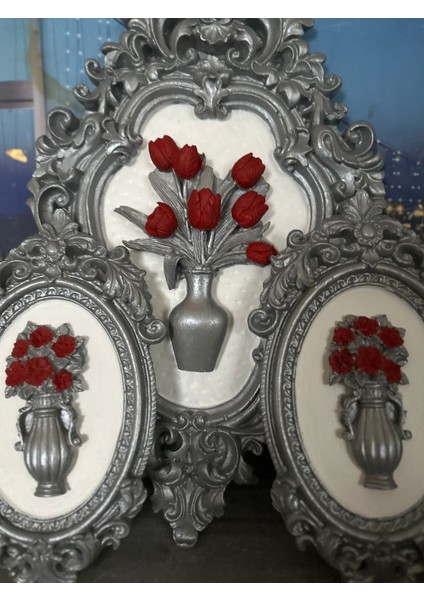 Gümüş Kırmızı Çiçekli Duvar Tablo 3lü Set modelleri