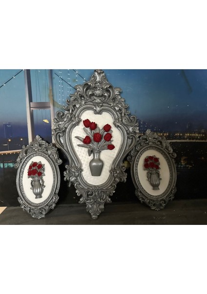Gümüş Kırmızı Çiçekli Duvar Tablo 3lü Set