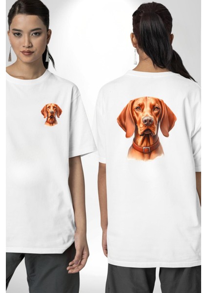 Vizsla Enerjik Av Köpek Tasarımı Beyaz Oversize Kadın Erkek Ön ve Sırt Baskılı Tişört