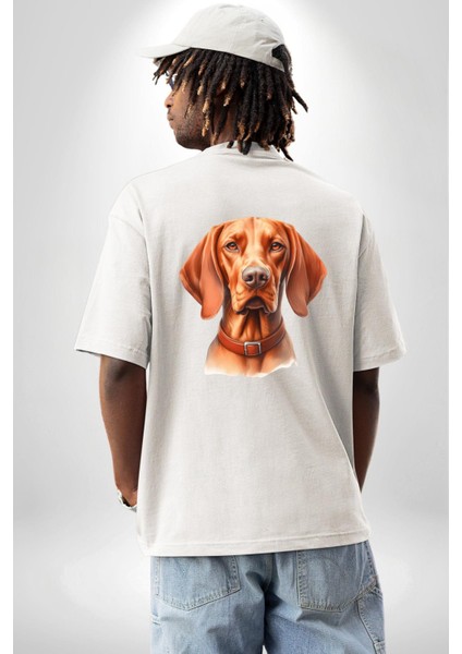 Vizsla Enerjik Av Köpek Tasarımı Beyaz Oversize Kadın Erkek Ön ve Sırt Baskılı Tişört fiyatları