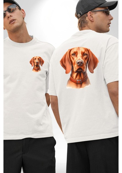 Vizsla Enerjik Av Köpek Tasarımı Beyaz Oversize Kadın Erkek Ön ve Sırt Baskılı Tişört fırsatları