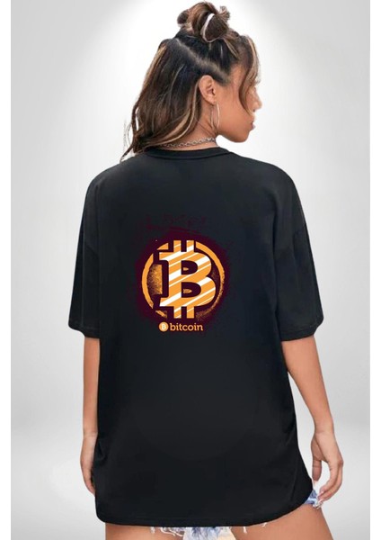 Dijital Devrim Bitcoin Kripto Paranın Yükselişi Siyah Oversize Kadın Erkek Ön ve Sırt Baskılı Tişört indirimleri