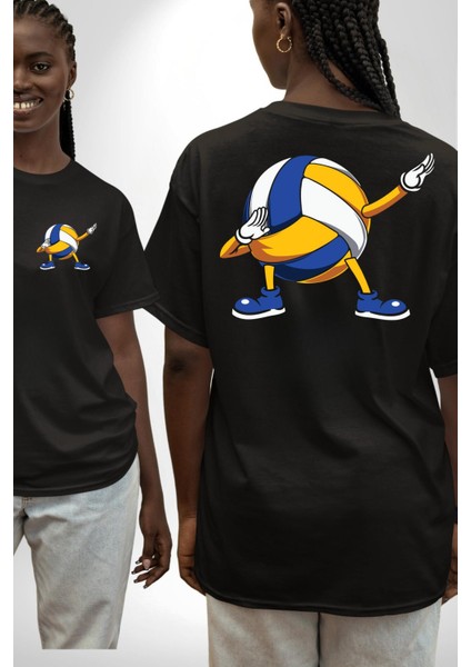 Voleybol Topu Dabbing Siyah Oversize Kadın Erkek Ön ve Sırt Baskılı Tişört