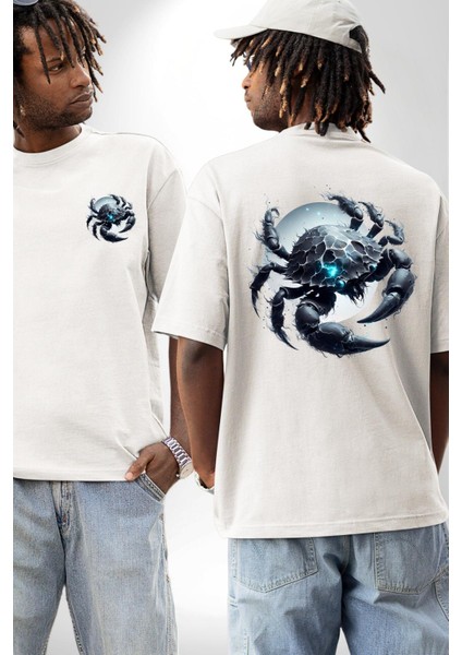 Yengeç Burçu Özel Tasarım Beyaz Oversize Kadın Erkek Ön ve Sırt Baskılı Tişört