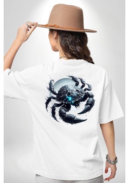 Yengeç Burçu Özel Tasarım Beyaz Oversize Kadın Erkek Ön ve Sırt Baskılı Tişört fiyatları