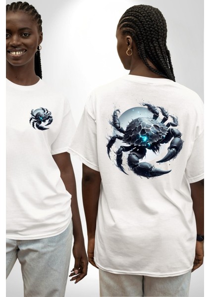 Yengeç Burçu Özel Tasarım Beyaz Oversize Kadın Erkek Ön ve Sırt Baskılı Tişört fırsatları