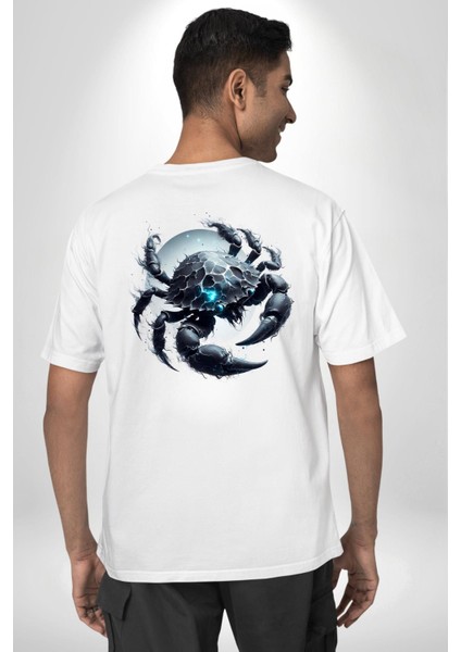 Yengeç Burçu Özel Tasarım Beyaz Oversize Kadın Erkek Ön ve Sırt Baskılı Tişört indirimleri
