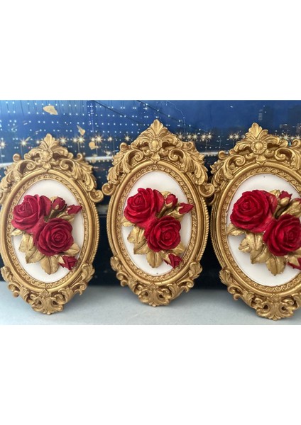 Kırmızı Gül Detaylı Tablo 3lü Set 22CM