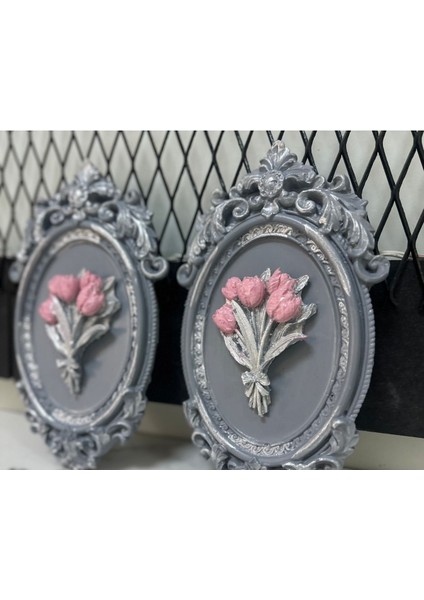 Gri Çiçekli Dekoratif Duvar Tablosu 2 Li 22CM