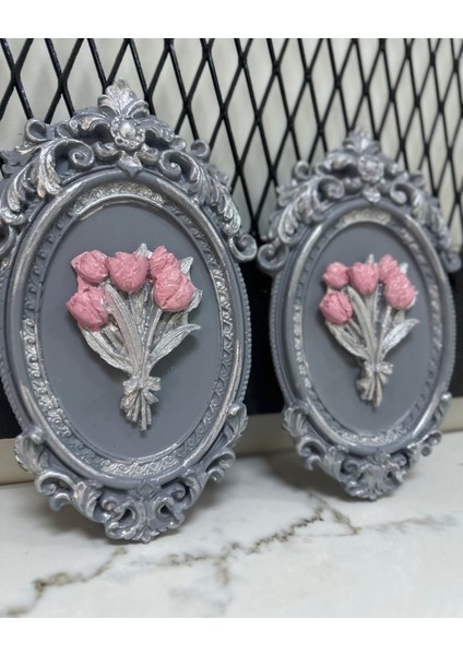 Gri Çiçekli Dekoratif Duvar Tablosu 2 Li 22CM fiyatları