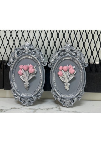 Gri Çiçekli Dekoratif Duvar Tablosu 2 Li 22CM modelleri