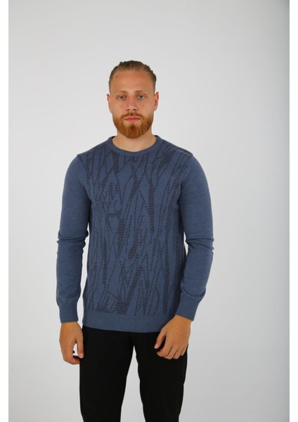 Brg Indigo Melanj Renk Desenli Erkek Slim Fit Triko-Kazak