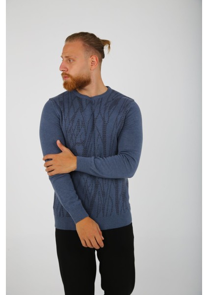 Brg Indigo Melanj Renk Desenli Erkek Slim Fit Triko-Kazak fırsatları