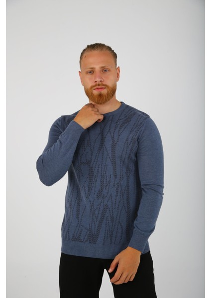 Brg Indigo Melanj Renk Desenli Erkek Slim Fit Triko-Kazak indirimleri