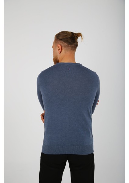 Brg Indigo Melanj Renk Desenli Erkek Slim Fit Triko-Kazak