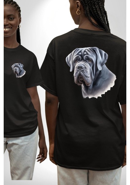 Neapolitan Mastiff Aşkı Büyük Köpek Siyah Oversize Kadın Erkek Ön ve Sırt Baskılı Tişört