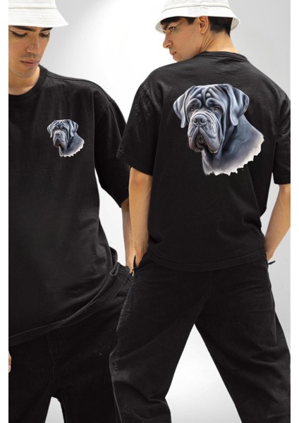 Neapolitan Mastiff Aşkı Büyük Köpek Siyah Oversize Kadın Erkek Ön ve Sırt Baskılı Tişört fırsatları