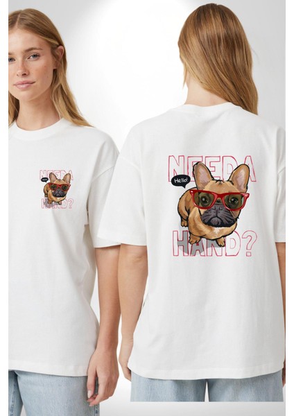 Need A Hand Baskılı Komik ve Şirin Tasarım Beyaz Oversize Kadın Erkek Ön ve Sırt Baskılı Tişört