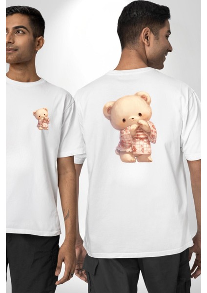 Pembe Çiçekli Ayıcık Desenli Beyaz Oversize Kadın Erkek Ön ve Sırt Baskılı Tişört