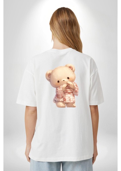 Pembe Çiçekli Ayıcık Desenli Beyaz Oversize Kadın Erkek Ön ve Sırt Baskılı Tişört fiyatları