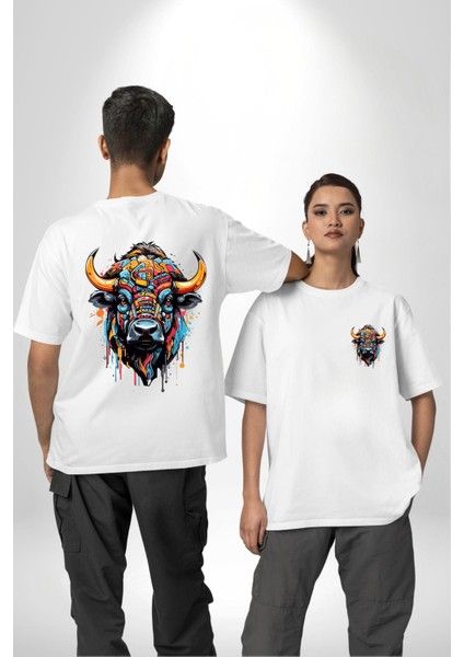 Boğa Gücü Yıkılmaz Kararlılığın Sembolü Beyaz Oversize Kadın Erkek Ön ve Sırt Baskılı Tişört