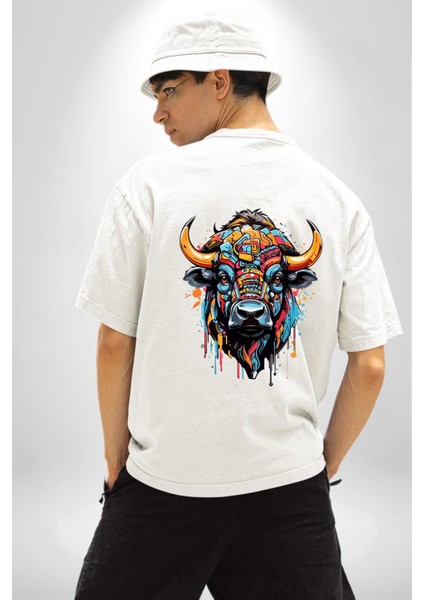 Boğa Gücü Yıkılmaz Kararlılığın Sembolü Beyaz Oversize Kadın Erkek Ön ve Sırt Baskılı Tişört fiyatları