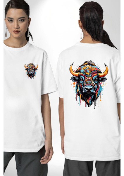 Boğa Gücü Yıkılmaz Kararlılığın Sembolü Beyaz Oversize Kadın Erkek Ön ve Sırt Baskılı Tişört fırsatları